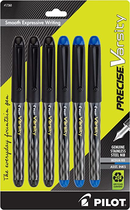 PILOT Precise Varsity Everyday Fountain Pens, Medium Point Stainless Steel Nib, Black and Blue Ink, 6-Pack (17360)