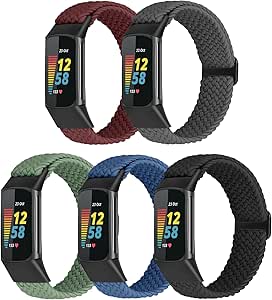 Braided Stretchy Solo Loop Compatible for Fitbit Charge 5 Bands for Women Men, Nylon Elastic Straps Wristbands for Fitbit Charge 5, 5 Packs