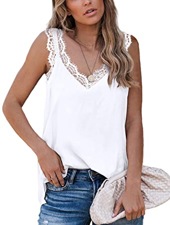 Aokosor Womens V Neck Lace Tank Tops Summer Casual Loose Sleeveless Shirts Side Split