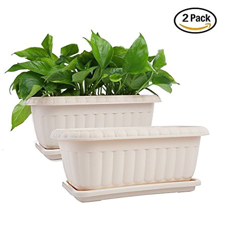 Mkono 2 Pack Rectangular Planter Window Box 15 Inches Plastic Garden Pot with Saucers, Beige