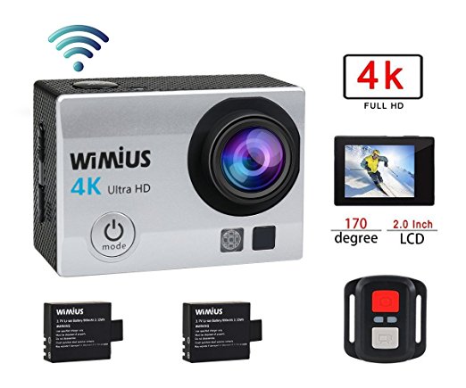 WiMiUS Q3 Silver 4K Action Camera Wifi 98ft Waterproof Sports Camera With 2.4G Wrist Remote Control HD16 MP, 170° Wide Angle, 2.0'' LCD Screen,2 PCS Batteries,20 All In One Kit Set (SD Card Exclude)