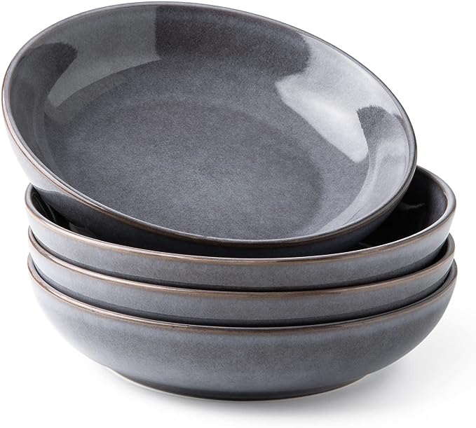 AmorArc 8.5'' Large Pasta Bowls, 36oz Stoneware Pasta Serving Bowls Set of 4 for Kitchen, Wide Bowls for Pasta,Salad,Fruit,Oatmeal, Microwave Safe, Reactive Glaze-Gray