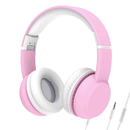 iClever HS15 Kids Headphones - Wired Headphones for Kids, Stereo Sound, Adjustable Metal Headband, Foldable, Portable, Tangle-Free Wires, 94dB Volume Limiting - Childrens Headphones Over Ear, Pink