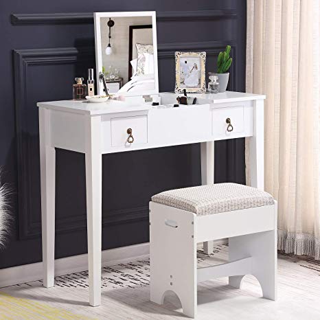 HONBAY Makeup Vanity Table Set with Flip Top Mirror, Cushioned Stool, 2 Drawers and 3 Removable Organizer Dressing Table Writing Table White