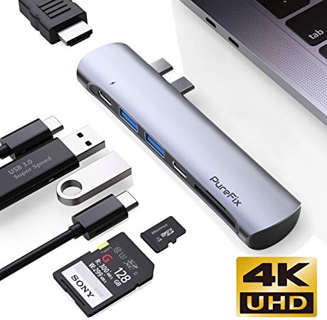USB C Hub 7-in-1 Adapter Dongle Compatible for Apple MacBook Pro 2019 2018 2017 and MacBook Air 2018 2019, Thunderbolt 3, with 2 USB 3.0 Ports, 4K HDMI, 100W PD, SD/Micro SD Card Reader (Space Grey)