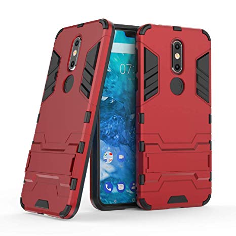 Nokia 7.1 Case, Ranyi [2 Piece Slim Armor] [Built-in Kickstand] [Shock Absorbing] Premium Hybrid Dual Layer Rugged Protective 2 in 1 Rubber Case Cover for Nokia 7.1 (2018), red