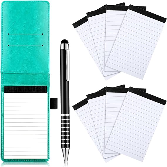 10 Pieces Mini Pocket Notepad Holder Set, Included Mini Pocket Notepad Holder with 50 Lined Sheets, Metal Pen and 8 Pieces 3 x 5 Inch Memo Book Refills, 30 Lined Paper Per Note (Bright Blue)