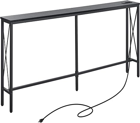 ELYKEN 5.9" Narrow Console Sofa Table with Power Outlets, 5.9" Dx63 Wx31.5 H Long Skinny Behind Couch Table with “X” Cross Metal Frame and Charge Station with 6.5’ Extension Cord, Black