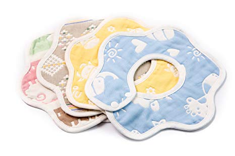 4-Pack 100% Organic Cotton Reversible Baby Bib by Smith's Gift with Multi-Layer Design and Stitched Pastel Embroidery