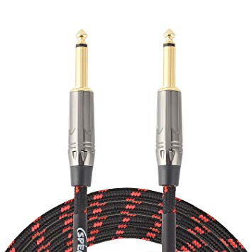 Guitar Instrument Cable, 1/4 Inch TS to 1/4 Inch TS, 10ft, 1/4" Straight Gold Plugs, Black/Red Braided Tweed Cloth Jacket, Premium Electric Instrument Bass Cable AMP Cord, by SPKFRIENDS