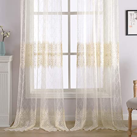 Aside Bside Bead8510 Ivory Sheer Curtains for Living Room Luxurious Embroidered Window Curtain Rod Pocket Floral Geometric Embroidery Voile Drapery Bedroom 95 inch,1 Panel