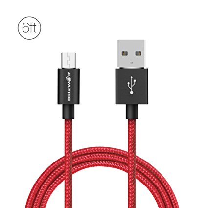 Braided Micro USB Charging Data Cable BlitzWolf 6ft 2.4A Fast Charging Cord With Magic Tape Strap, Micro B Charger and Data Cord for Samsung, Nexus, LG, Sony, Motorola, Android Smartphones