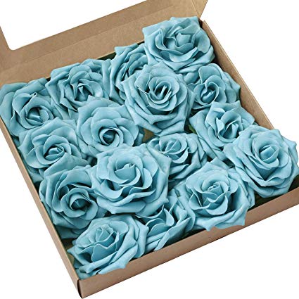 Ling's moment Rose Artificial Flowers 16pcs Realistic Turquoise Avalanche Roses with Stem for DIY Wedding Bouquets Centerpieces Floral Arrangements Decorations