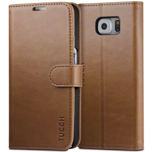 Samsung S6 Case TUCCH Leather Case for Samsung Galaxy S6 Premium Wallet Cases Folio Book Cover with Credit Card Slots Kick Stand Feature Cash Clip Magnetic Closure Brown with Dark Blue