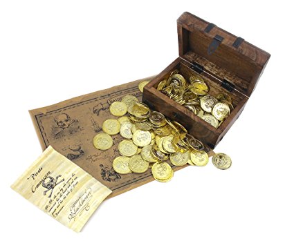 WellPackBox Wooden Pirate Treasure Chest Box 144 Gold Coins Treasure Map and P
