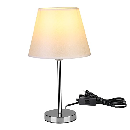 LE Bedside Table Lamp, E26 Bulb Base Minimalist Plating White Chrome Metal Round Stand Off-white Fabric Shade for Bedroom Living Room Hotel Resort Coffee Shop Desk Dresser Dorm Decoration