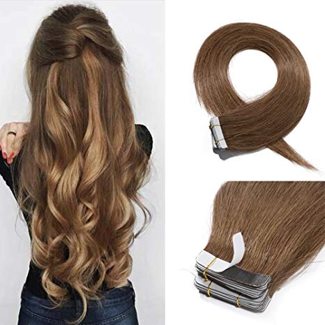 16 Inch Tape in Hair Extensions Remy Human Hair #06 Light Brown Long Straight Hair Seamless Skin Weft Invisible Double Sided Tape 20pc/pack 30g  10 Free Tape Bonds