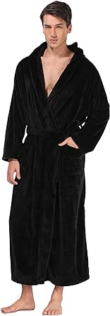 Men's Plush Hooded Bathrobe Winter Warm Fleece Robes Soft Flannel Long Robes with Pockets, Full Length