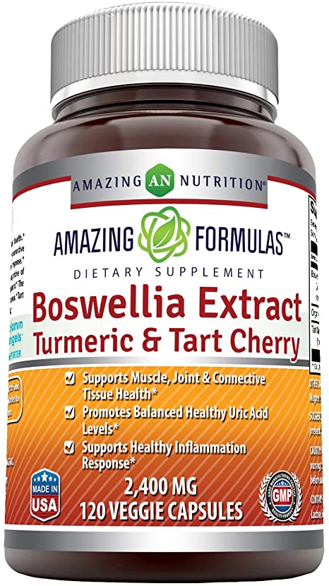 Amazing Formulas Boswellia Extract Turmeric & Tart Cherry 2400mg Veggie Capsules-Supports Muscle, Joint & Connective Tissue Health (Non GMO,Gluten Free)(120 Count)