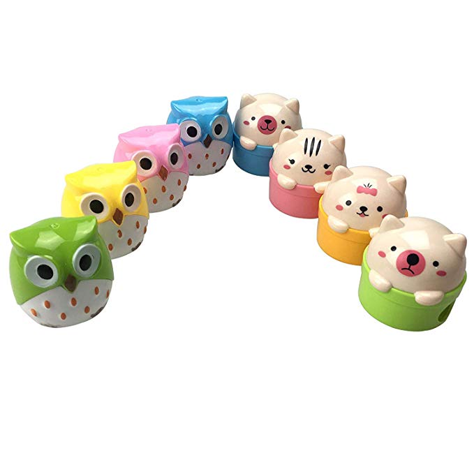 8pcs Lovely Cute Cartoon Animal Pussy Cat Owl Pencil Sharpeners with Double Sharpener Holds for Kids CSPRING