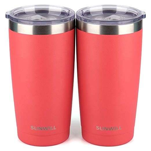 SUNWILL 20oz Tumbler with Lid (Powder Coated Coral 2 pack), Stainless Steel Vacuum Insulated Double Wall Travel Tumbler, Durable Insulated Coffee Mug, Thermal Cup with Splash Proof Sliding Lid