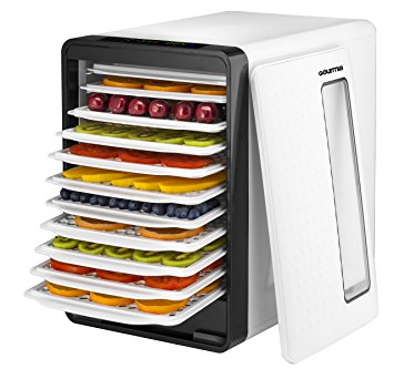 Gourmia GFD1850 Food Dehydrator With Touch Digital Temperature Control, Ten Drying Trays Plus Beef Jerky & Sausage Hanging Rack, Sleek Design, Transparent Window & Free Recipe Book - White