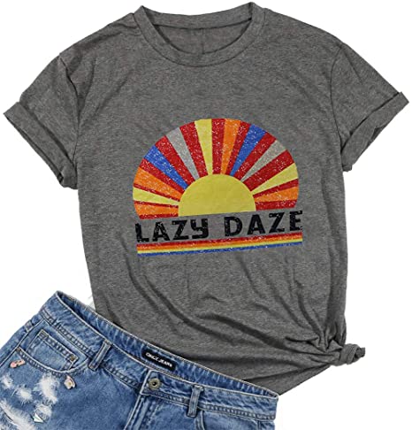 JINTING Lazy Daze Shirts Funny Tee Shirts for Women Letter Printed Short Sleeve Tee Shirts