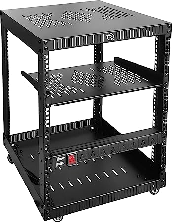 RIVECO 12U Network Rack with Reinforced Top & Bottom Vented Plates- 4 Rolling wheels Floor Standing Rack for 19" Equipment & Stereo Gear- Including 1PC 1U Rack Shelf & Basic Rail Mount PDU Power Strip