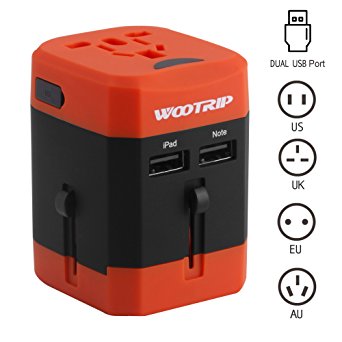 International Travel Adapter, Wootrip Worldwide All in One Power Converter Travel Charger with Dual USB Charging Ports & Universal AC Socket Safety Fused For USA UK EU AUS CN Cell Phone Laptop Orange