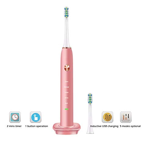 Hermano Electric Toothbrush, Plaque Control Electronic Power Rechargeable Sonic Toothbrush with 2 Dupont Replacement Heads, Waterproof, 5 Optional Modes for Adults, Pink