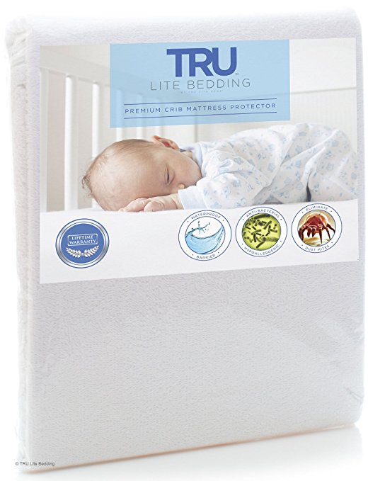 Crib Size - Premium Waterproof Mattress Protector - Vinyl Free Mattress Cover - Hypoallergenic Breathable Cotton Terry Bed Cover - Protection from Dust Mites, Allergens, Bacteria