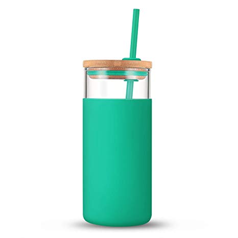 Tronco 20oz Glass Tumbler Straw Silicone Protective Sleeve Bamboo Lid - BPA Free, for Moms
