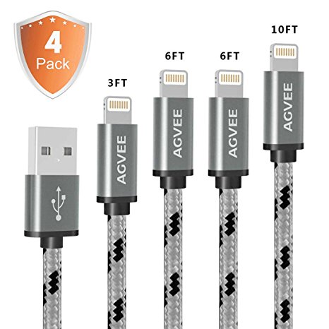 End Tip Never Break and Cruel 4A Current Aging, Agvee Lightning Cable, 4Pack 3FT 6FT 6FT 10FT Ultra Long and Short Set Braided Durable Fast Cord Certified to USB Charging for iPhone X 8(Black in Gray)
