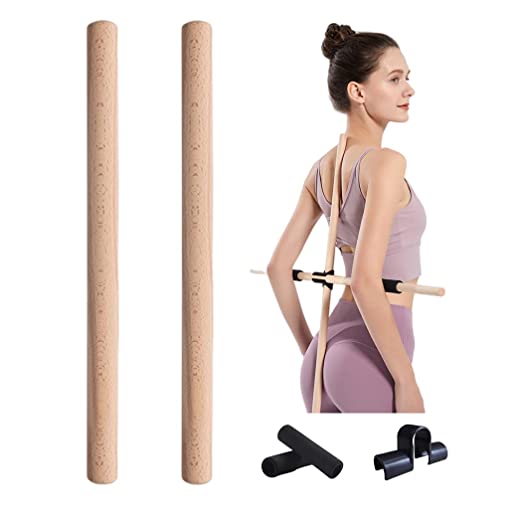 2PCS Yoga Sticks Stretching Tool-Posture Correction Wooden Rod Sticks with Stick Buckle, Humpback Correction Sticks, Support Straightener for Spine, Back, Neck, Clavicle and Shoulder, Improves Posture and Pain Relief, Stretching Correction Humpback Shoulder