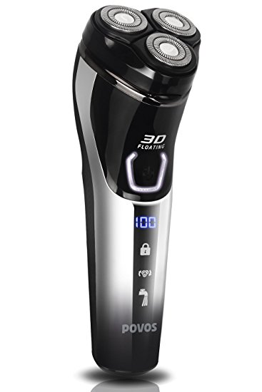 POVOS Electric Men's Shaver Rotary Razor with USB Charging, 3D Floating Cutter, Wet and Dry Use, Head Washable, Battery Indicator, Travel Lock, Convenient Travel Bag