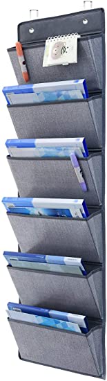 homyfort Over The Door Hanging File Organizer, Fabric Storage Pocket Chart for Magazines, Pens, File Folders in Office and School Room, wih 6 Pockets, 128 x 33 cm, Linen-like Grey Patern, MAGAZINE1