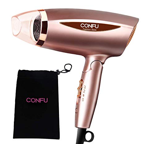 Folding Hairdryer 1800W Powerful Hair Dryer Portable Travel Fast Drying Hair Lightweight Quiet CONFU Blow Dryer Hot/Cold DC Motor With Velvet Storage Bag Compact Hang Up Loop Rose Gold