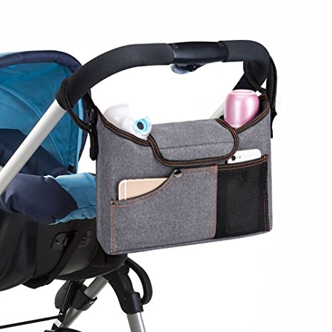 Jerrybox Stroller Organizer Bag, Multifunctional Organizer Fits All Strollers, 2 Insulated Cup Holders, Extra-Large Storage Space for iPhones, Diapers, Toys and iPads, BONUS, Specially Designed Strap