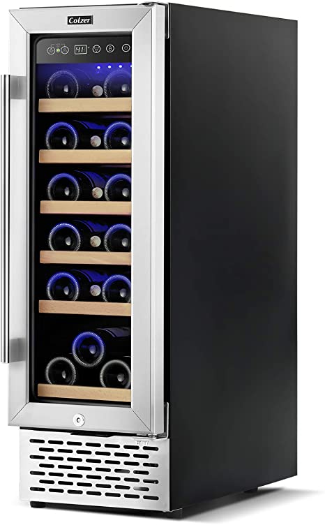 Colzer Elegant 12 Inch Wine Cooler, 18 Bottle Mini Wine Cellars with 2 Glass Doors Professional Compressor Precise Humidity Control Durable Materials Fashion Design Built-in or Freestanding Wine Refrigerator