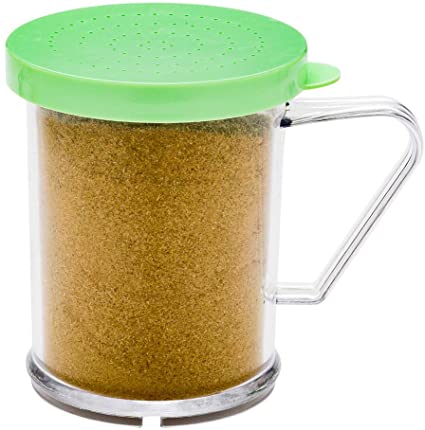 10 oz Clear Plastic Dredge Spice Shaker - Restaurant Style - Polycarbonate - Green Extra Fine Lid - Seasoning, Sugar, Spice Shaker - 1ct Box - RW Base - Restaurantware