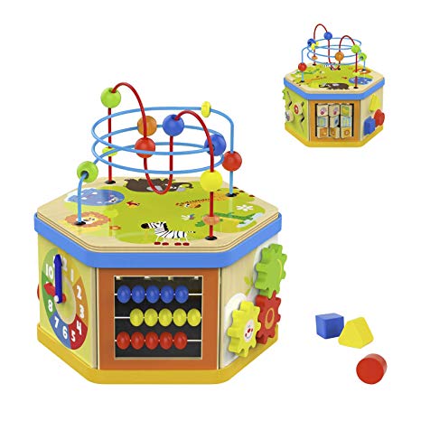 TOP BRIGHT Activity Cube Toys Baby Educational Wooden Bead Maze Shape Sorter 7-in-1 Toys for 1 Year Old Boy and Girl Toddlers Gift