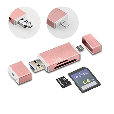 GiBot 3-in-1 Portable Memory Card Reader with Lightning USB 3.0 Micro USB OTG Adapter Card Reader for SDXC, SDHC, SD, Micro SDXC, Micro SD, Micro SDHC and TF Card, Rose Golden