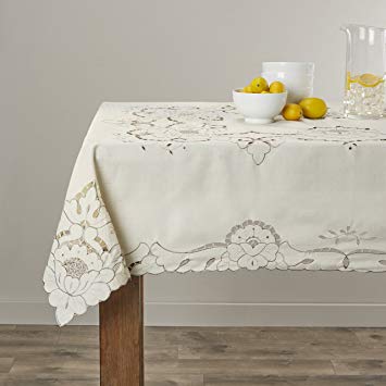 Violet Linen Sapphire Embroidered Design Tablecloth, 60" x 88", Beige