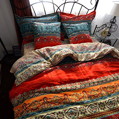 LELVA Boho Style Duvet Cover Set, Colorful Stripe Sheet Sets, Bohemia Bedding Set Baroque Style Bedding Set 4pcs Queen King Size (1, King)