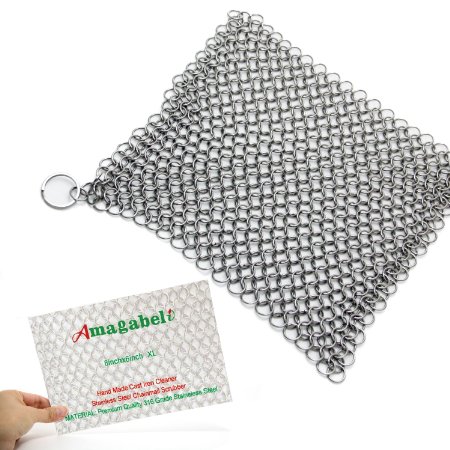 Amagabeli Home Cast Iron Cleaner XL 8x6 Inch 316L Highest Grade Stainless Steel Chainmail Scrubber , 316HW001