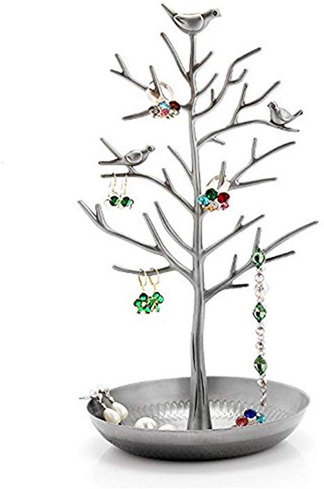 Jewellery Stand,Meshela Antique Vintage Birds Tree Branch Earring Necklace Holders Organiser Rack Tower（Silver）