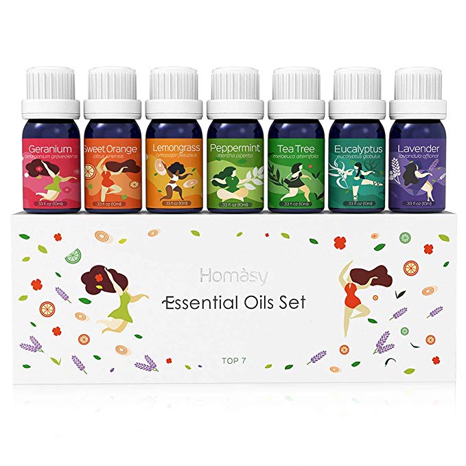 Homasy Essential Oils, 100% Pure & Natural Seven+ Top 7 Therapeutic-Grade Aromatherapy Oil Gift Set - Peppermint, Lavender, Geranium, Sweet Orange, Eucalyptus, Tea Tree, and Lemongrass (7 x 10ml)