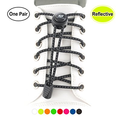 Sport2People No Tie Elastic Shoelaces (for 1 Pair of Shoes) - Reflective Running Gear for Kids and Adults - Shoe Laces for Sneakers With a Strong Lock Button by