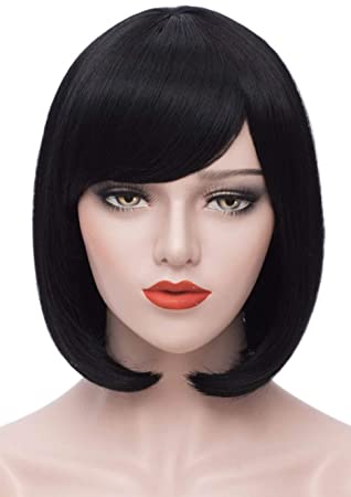 Mersi Short Black Bob Wigs Women's Hair Wig with Bangs Straight Synthetic Cosplay Costume Wigs 11 Inch with Wig Cap (Black) S038BK