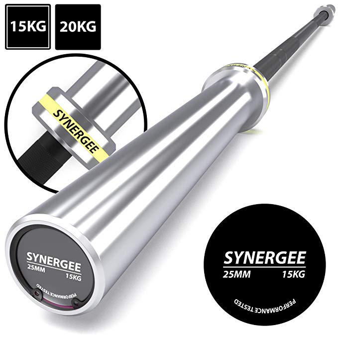 Synergee Open 15kg and 20kg Black Phosphate and Chrome Olympic Barbell. Rated 1000lbs for Weightlifting, Powerlifting and Crossfit